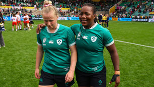 <p>Ireland's Linda Djougang and Dannah O’Brien celebrate after the match. Pic: INPHO/Ben Brady</p>