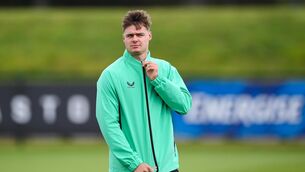 <p>SOLE STRIKER: Evan Ferguson during a Republic of Ireland training session at the FAI National Training Centre in Abbotstown. Photo by Stephen McCarthy/Sportsfile</p>