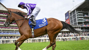<p>Ryan Moore, pictured guiding Minnie Hauk to victory at York in August, has been riding with an injured leg over the summer. Pic: Healy Racing</p>
