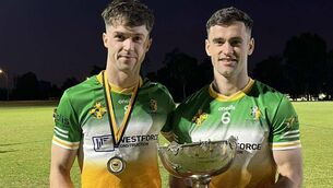 <p>PERTH PRIDE: Rob Ó Sé (left) after Western Australia SFC success with St Finbarr's, alongside centre back Mattie McKenna (Cavan).</p>