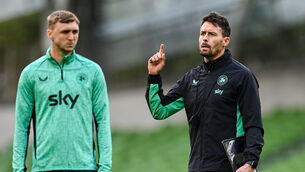 <p>Assistant coach Paddy McCarthy and Jack Taylor, left, during a Republic of Ireland training session at the Aviva Stadium. Pic: Stephen McCarthy/Sportsfile</p>