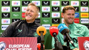<p>ALL SMILES: Head coach Heimir Hallgrimsson and Nathan Collins on Friday. Pic: Stephen McCarthy/Sportsfile</p>
