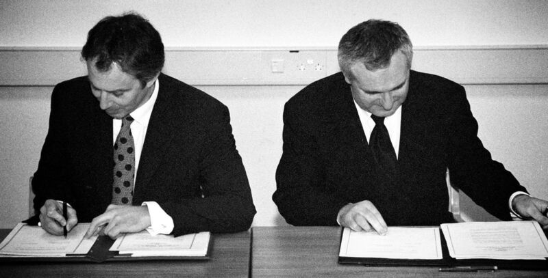 Former prime minister Tony Blair and former taoiseach Bertie Ahern signing the Good Friday Agreement, which was supported by David Trimble. File picture: RollingNews.ie