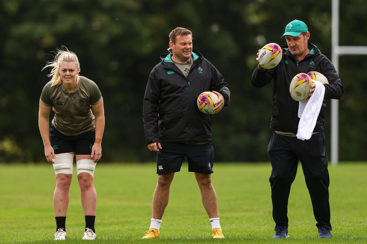 Sam Monaghan, Scrum Coach Denis Fogarty and Forwards Coach Alex Codling at squad training in Brighton. Pic: Ben Brady/Inpho