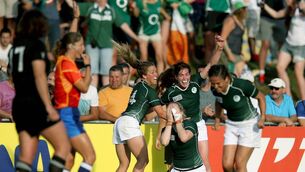 <p>Nora Stapleton (centre) celebrates the 2014 win over New Zealand with teammates Ashleigh Baxter  and Niamh Briggs celebrate at the final whistle Pic: ©INPHO/Dan Sheridan</p>