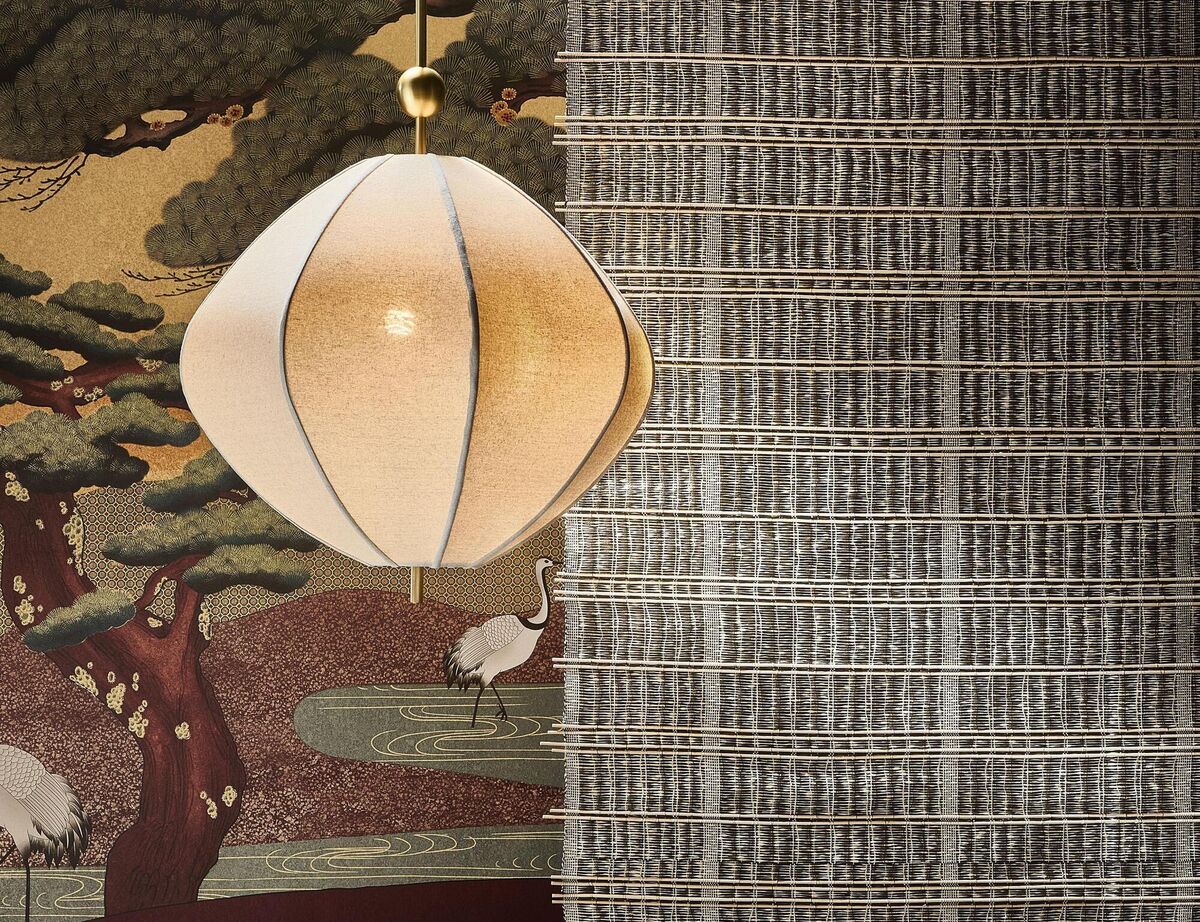 Textiles are elevated to storytelling and whimsy with the Paradiso scenic wallcovering by Aux Abris at George Spencer Designs, and Cyrus pendant light, Heathfield & Co. Picture: Chelsea Harbour Design Centre Textiles are elevated to storytelling and whimsy with the Paradiso scenic wallcovering by Aux Abris at George Spencer Designs, and Cyrus pendant light, Heathfield & Co. Picture: Chelsea Harbour Design Centre