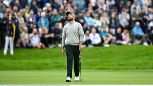 <p>Shane Lowry reacts to a missed putt on the 18th green during his third round of the Irish Open at the K Club. Pic: Sam Barnes/Sportsfile</p>