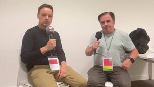 <p>Brendan O’Brien and John Fallon at the Aviva Stadium on Saturday night. </p>