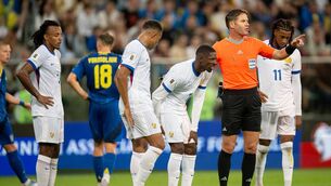 <p>Ousmane Dembele went off injured during France's World Cup qualifier victory over Ukraine. He has been ruled out for six to eight weeks. Pic: Mateusz Slodkowski/Getty Images</p>