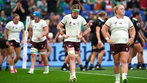<p>Ireland's Ruth Campbell reacts after conceding a try during the Pool D match against New Zealand. Pic: Ben Whitley/PA</p>