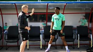 <p>Head coach Heimir Hallgrimsson speaks with Chiedozie Ogbene during a Republic of Ireland training session at the AFF Technical Center Academy in Yerevan, Armenia. Pic: Stephen McCarthy/Sportsfile.</p>