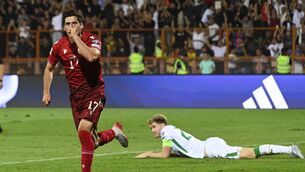 <p>Armenia's Grant-Leon Ranos celebrates after scoring his side's second goal. Pic: AP Photo/Hakob Berberyan.</p>