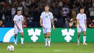 <p>DOWN AND NEARLY OUT: Josh Cullen, Jack Taylor and Dara O'Shea of Republic of Ireland react after conceding a goal. Pic: Stephen McCarthy/Sportsfile.</p>
