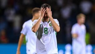 <p>A KNIGHT TO FORGET: Jason Knight reacts after the loss to Armenia. Stephen McCarthy/Sportsfile</p>