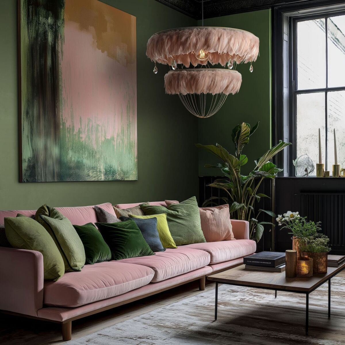 Pink and green never seen? Tonal grey, pink and green mark out a sumptuous colour-drenched room devoid of clutter. Bertie pendant in feather and crystal by Lottie Davis, €944, Coldharbour Lights. Pink and green never seen? Tonal grey, pink and green mark out a sumptuous colour-drenched room devoid of clutter. Bertie pendant in feather and crystal by Lottie Davis, €944, Coldharbour Lights.Â