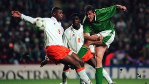<p>Republic of Ireland's Tony Cascarino in action against Winston Bogarde (5) and Clarence Seedorf (4) in the Euro 1996 Play-off at Anfield in 1995. Pic: David Maher, Sportsfile</p>