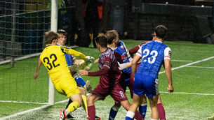 <p> SIX BEHIND: Cobh Ramblers Barry Coffey comes close to scoring as the Treatty Utd keeper Matthew Boylan blocks his shot on the goal line during the SSE Airtricity Mens First Division match in St Colemans Park. Pic: Howard Crowdy</p>