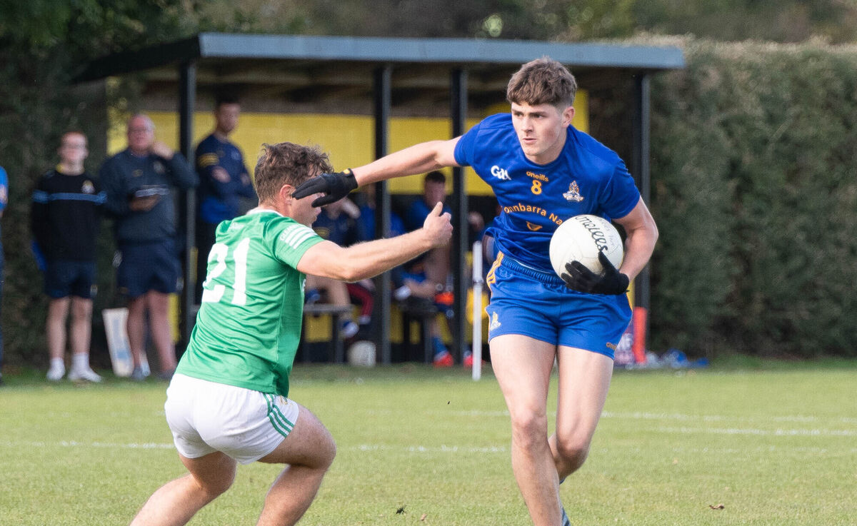 St Finbarrs Thomas O'Keeffe brushes aside the challenge from Glanworth's Peter Condon dutring the Intermediate A Football Championship match in Glenville. Picture: Howard Crowdy