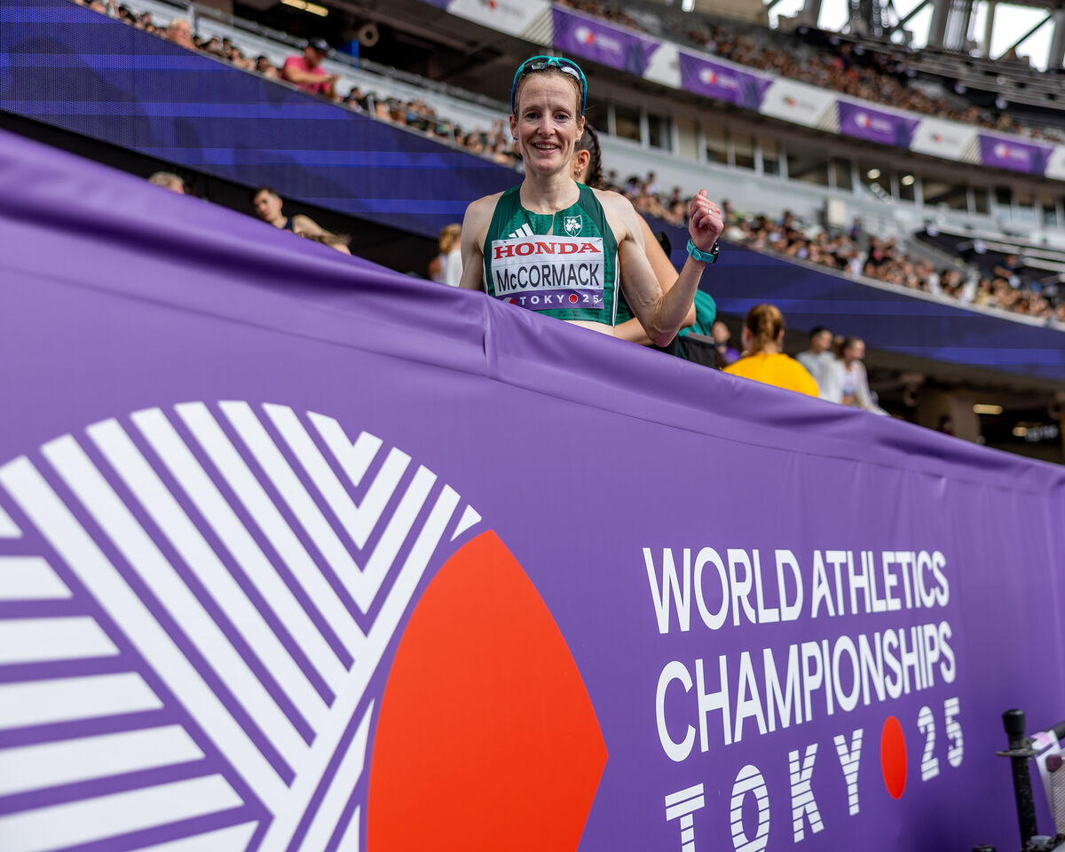 THE PLACE TO BE: Ireland’s Fionnuala McCormack celebrates her 9th place Women’s marathon finish in Tokyo. Pic: INPHO/Morgan Treacy