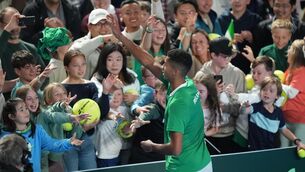 <p>CROWD FAVOURITE: Michael Agwi hands out free jerseys at the end of the Davis Cup 2025 World Group II match with China at Sport Ireland Campus, Dublin. Pic: Niall Carson/PA Wire</p>