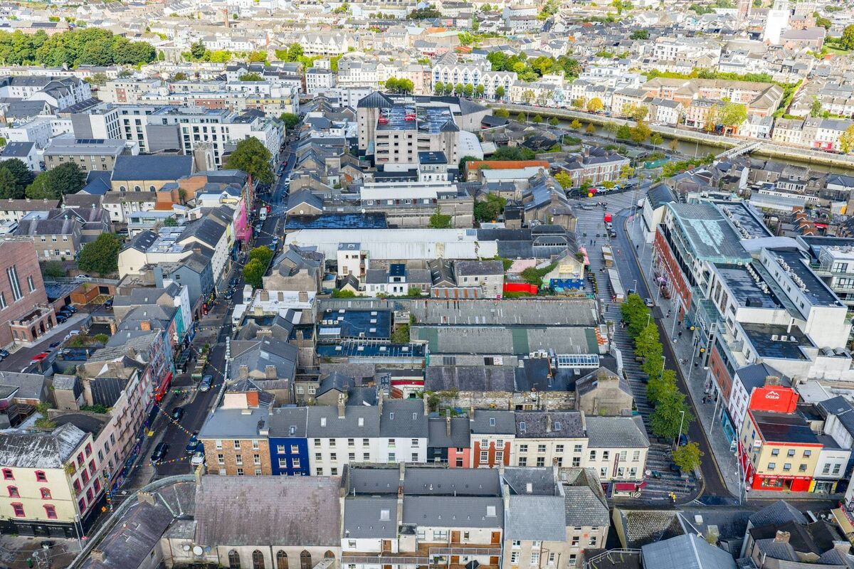 Aerial view of Castle Street, book-ended by North Main St and the Coal Quay.