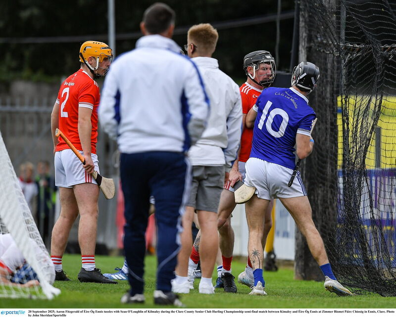 Aaron Fitzgerald of Éire Óg Ennis tussles with Sean O'Loughlin of Kilmaley during the Clare County Senior Club Hurling Championship semi-final match between Kimaley and Éire Óg Ennis at Zimmer Biomet Páirc Chíosóg in Ennis, Clare. Photo by John Sheridan/Sportsfile