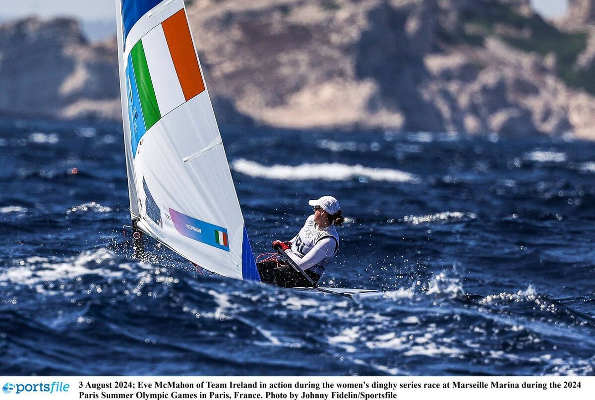 Eve McMahon in action during the women's dinghy series race at Marseille Marina during the 2024 Paris Summer Olympic Games. Pic: Johnny Fidelin/Sportsfile