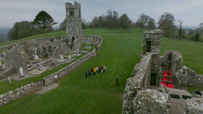 Siobhán McSweeney brought the eight players up to the Hill of Slane, where she explained the rules of a game key to Episode 10. Picture: RTÉ