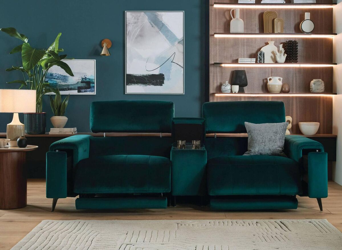 Large, luxurious sofas can create the home cinema experience. The Cinesound Showcase large two-seater cinema power recliner with console; €2,469, DFS.