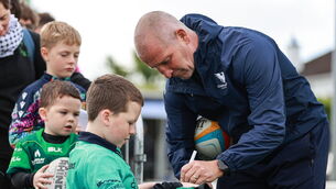 <p>Connacht head coach Stuart Lancaster signs a supporter's jersey after a Connacht Rugby open training session at Dexcom Stadium in Galway. Photo by Thomas Flinkow/Sportsfile</p>