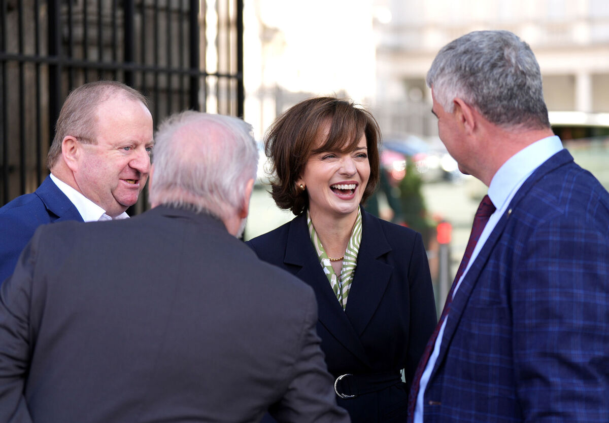 Independent Ireland leader Michael Collins, Cork North-Central TD Kenneth O'Flynn, Independent presidential candidate Maria Steen and Limerick County TD Richard O'Donoghue at Leinster House in Dublin, for the Independent Ireland decision on the presidential election nomination. Picture: Niall Carson/PA Wire