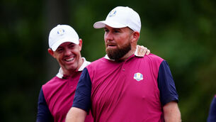 <p>Shane Lowry and Rory McIlroy of Team Europe during practice. Pic: Mike Egerton/PA Wire.</p>