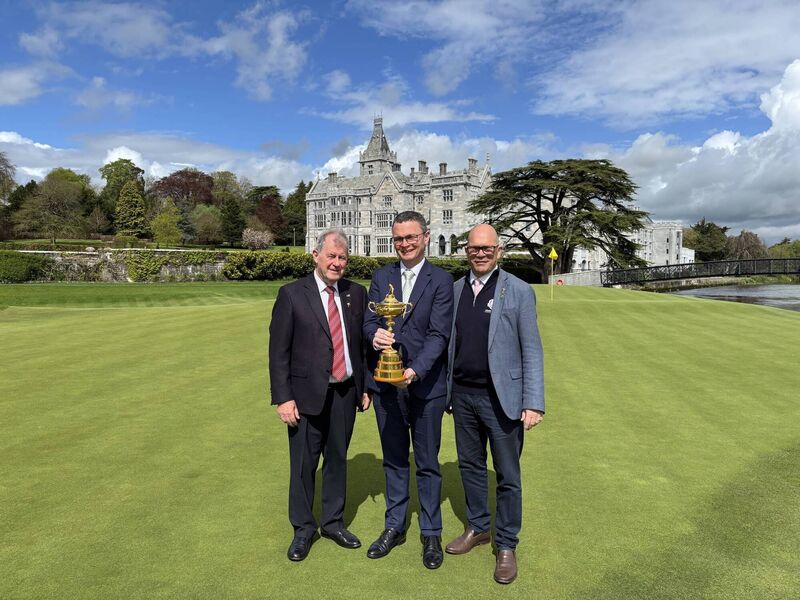 Hoopla: JP McManus, owner of Adare Manor; Patrick O’Donovan T.D., Minister for Arts, Media, Communications, Culture and Sport; and Guy Kinnings, Chief Executive of the European Tour Group. Pic: Ryder Cup Europe. Hoopla: JP McManus, owner of Adare Manor; Patrick O’Donovan T.D., Minister for Arts, Media, Communications, Culture and Sport; and Guy Kinnings, Chief Executive of the European Tour Group. Pic: Ryder Cup Europe.