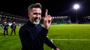 <p>ONE MORE POINT: Shamrock Rovers’ manager Stephen Bradley celebrates winning. Pic: ©INPHO/James Crombie.</p>