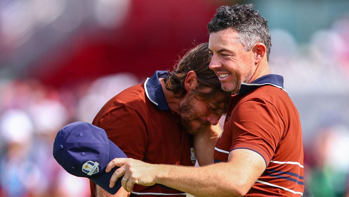 DREAM TEAM: Rory McIlroy of Europe, right, and Tommy Fleetwood of Europe celebrate after the morning foursomes on day two of the 2025 Ryder Cup at Black Course at Bethpage State Park Golf Course in Farmingdale, New York, USA. Photo by Vaughn Ridley/Sportsfile