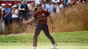 <p>NERVELESS: Viktor Hovland of Team Europe reacts on the 17th green during the Saturday morning foursomes. Pic: Jared C. Tilton/Getty Images)</p>