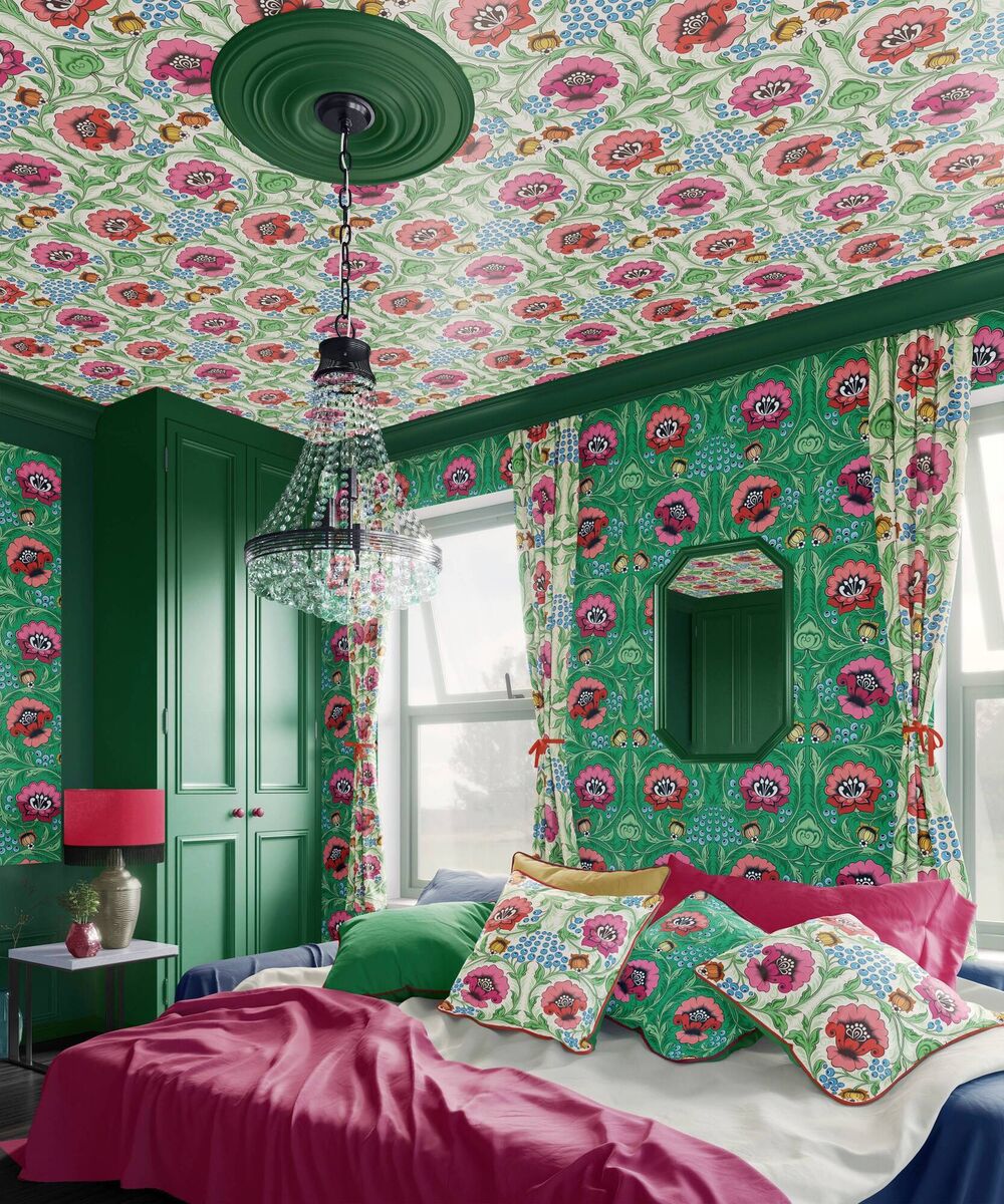 Alice Green offers this stylised botanical pattern for your fifth wall, taken from the traditional Russian folk art and painting style, khokhloma, usually used on wooden boxes, tableware and furniture. It's very cottagecore and can be bought in accessorising fabrics; €156 per roll, Olenkadesign.co.uk (for suppliers or order).