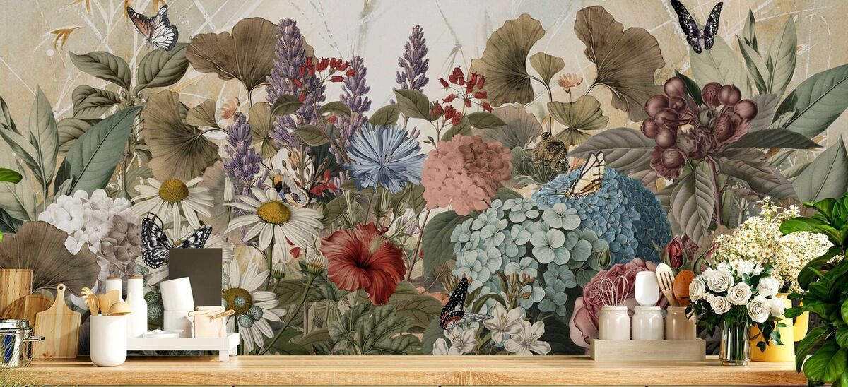 Morning Flowery by Miss Tiff for Wallsauce immerses a simple breakfast bar in a lush rococo border of flowers the size of cabbages. Made-to-measure, it's available in paste-the-wall and peel-and-stick varieties of paper, ideal for rented accommodation; €49 per square metre, Wallsauce.com. 