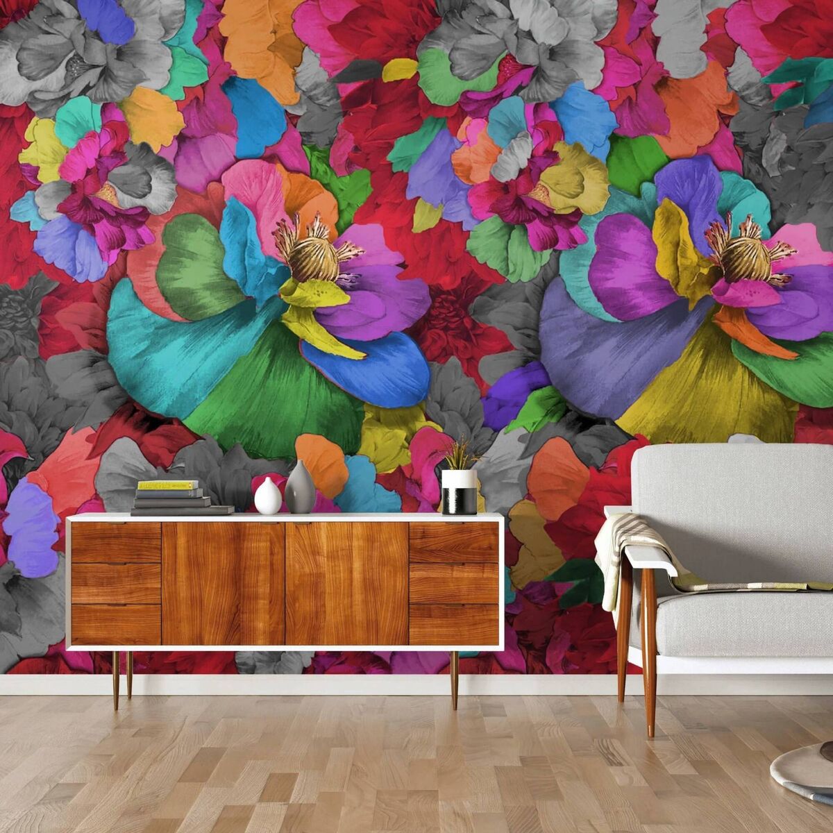  When installed, murals disguise any joins to perfection with searing accuracy. Based on the size of the room, use your supplier's online tools to work out how many rolls you need, drop and repeat, including the position of any doors and windows. You may need as much as 10cm to 15cm to match up a repeat, depending on its complexity; Rainbow Tickles by Miss Lolo, from €157, Thebeigeepidemic.com. 