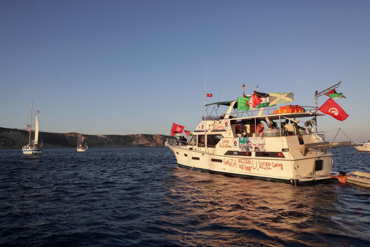 Part of the Global Sumud Flotilla sails off Koufonisi islet, Greece, last week to reach Gaza and break Israel's naval blockade. Photo: REUTERS/Stefanos Rapanis