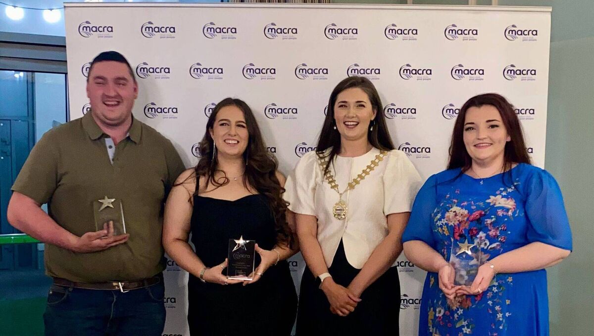 Macra national president Josephine O’Neill with 2025 Volunteer of the Year award recipients Mary O’Neill, Sinéad Kinsella, and James McDonnell.