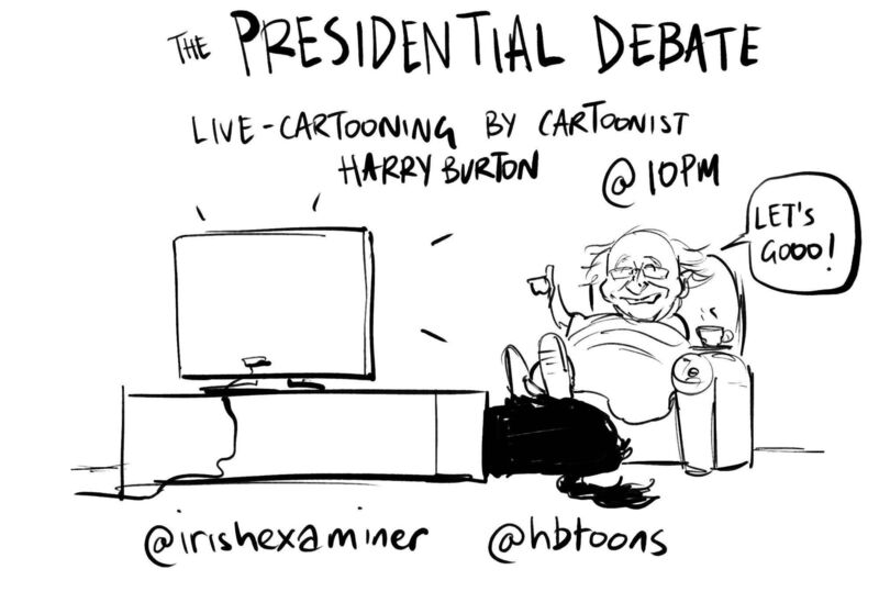'Irish Examiner' cartoonist Harry Burton was responding live to the first televised presidential election debate on Virgin Media, including this image of President Michael D Higgins enjoying the debate. 'Irish Examiner' cartoonist Harry Burton was responding live to the first televised presidential election debate on Virgin Media, including this image of President Michael D Higgins enjoying the debate.