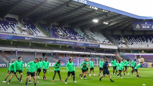 <p>Union's players train on the eve of the UEFA Champions League football match between Royale Union Saint-Gilloise and Newcastle United. Pic: VIRGINIE LEFOUR/AFP via Getty Images.</p>