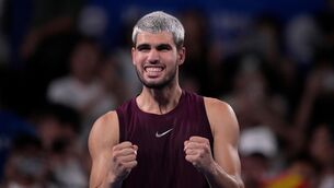 <p>Spain's Carlos Alcaraz reacts after his win against Norway's Casper Ruud at the men's singles semi final at the Tokyo ATP 500 tennis tournament. Pic: AP Photo/Louise Delmotte.</p>
