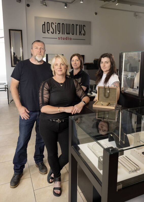 The team at Designworks are friendly, knowledgeable, and welcoming.' Order from left to right: Owners Cal Shaw and Tuula Harrington with goldsmith Paula O' Callaghan and Chloe Cuthbert from Client Relations. The team at Designworks are friendly, knowledgeable, and welcoming.' Order from left to right: Owners Cal Shaw and Tuula Harrington with goldsmith Paula O' Callaghan and Chloe Cuthbert from Client Relations.