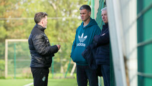 <p>Shamrock Rovers chairman Ciaran Medlar, head coach Stephen Bradley and Johnny Sexton. Pic: Nick Elliott/Inpho</p>