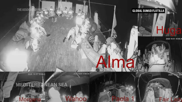 Activists on board a flotilla of vessels sailing towards Gaza say the Israeli navy has begun intercepting their vessels as they approach the besieged Palestinian territory (Global Sumud Flotilla via AP)