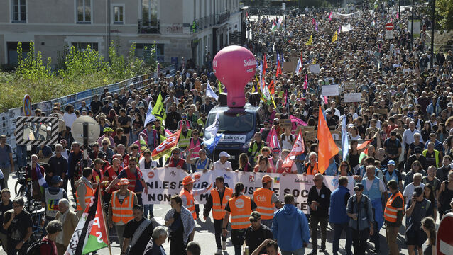 <p>Demonstrators march during a protest called by major trade unions to oppose budget cuts, in Nantes, western France, last month. Picture: Mathieu Pattier/ AP</p>