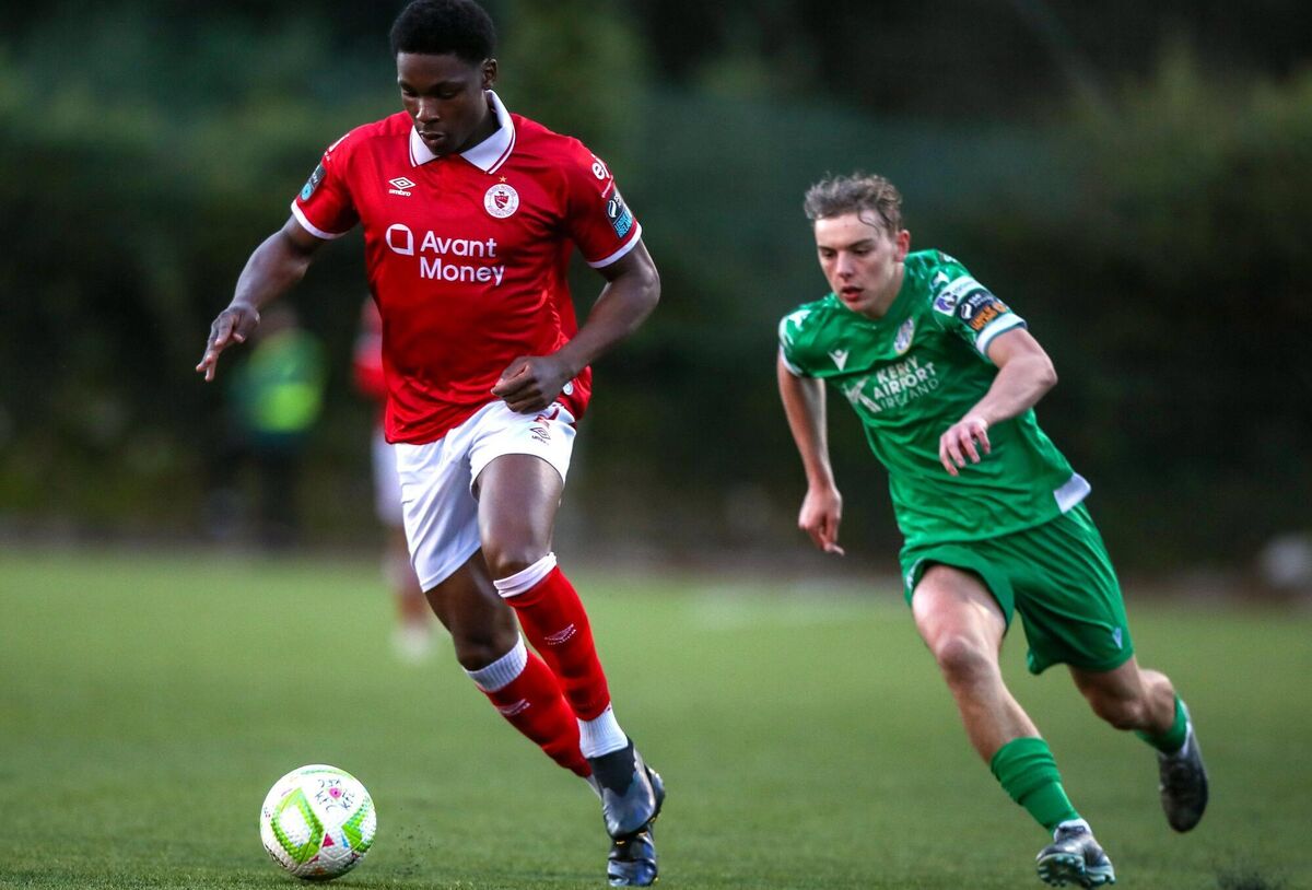 Edwin Agbaje of Sligo Rovers in action against Ronan Teahan of Kerry FC during the Sports Direct Men’s FAI Cup quarter-final Michael P Ryan/Sportsfile