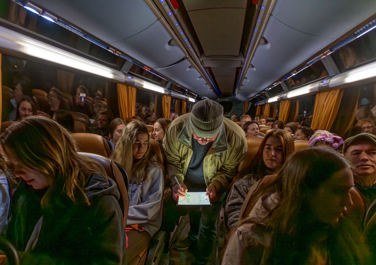 Semi-retired super yacht captain Jim McCarthy checking details of extras due to take part in filming on the early morning coach to the film studios in Skibbereen.